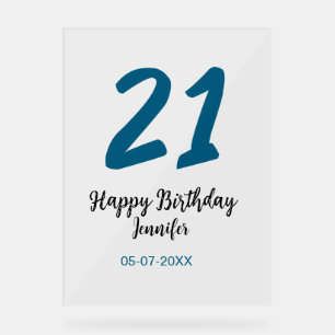 Señal Acrílica 21 cumpleaños negrita letra azul simple mínimo