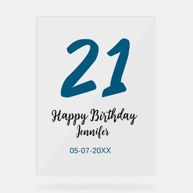Señal Acrílica 21 cumpleaños negrita letra azul simple mínimo (Anverso)