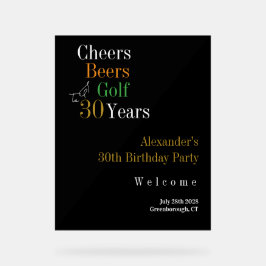 Señal Acrílica 30 Años de Golf Saludos Cervezas Oro Negro Bienven