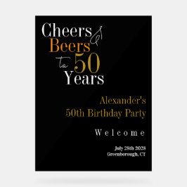 Señal Acrílica 50th Birthday Cheers and Beers Black Gold Party