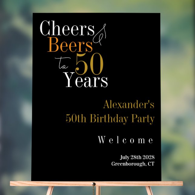 Señal Acrílica 50th Birthday Cheers and Beers Black Gold Party (Neutral )