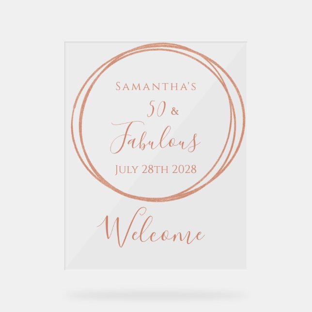 Señal Acrílica 50th Birthday Rose Gold Minimal Birthday Welcome (Anverso)