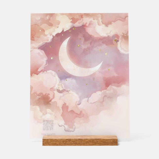 Señal Acrílica Acrylic Nursery Sign Pink Cloud & Moon Watercolor (Anverso)