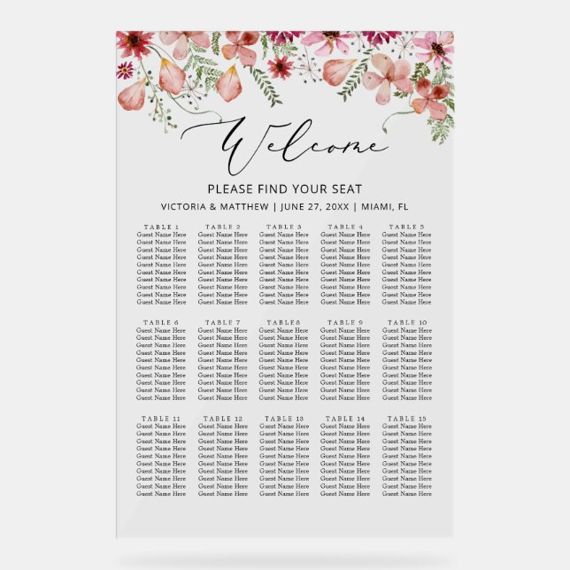 Señal Acrílica Acuarela Acrílica 15 Tablas Tabla de asientos Boda (Anverso)