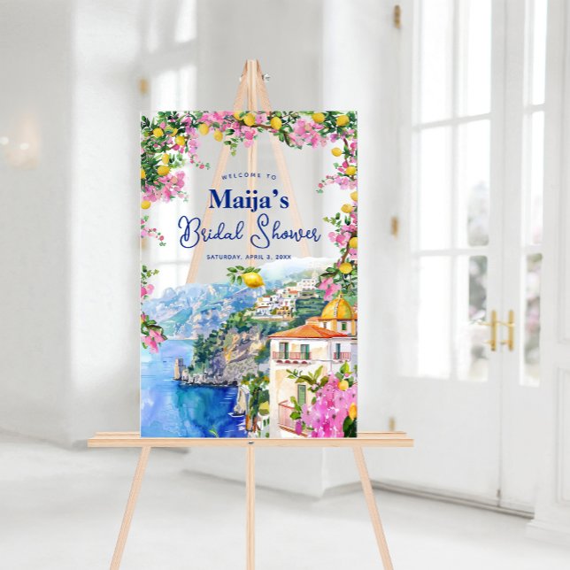 Señal Acrílica Acuarela Amalfi Costa Rosa Lemons Bridal Ducha (Watercolor Amalfi Coast Pink Lemons Bridal Shower. Welcome your guests with Italian charm.)