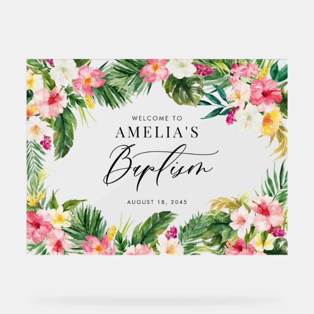 Señal Acrílica Acuarela Flores tropicales Bautismo de marco (Anverso)