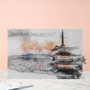 Señal Acrílica Acuarela Pagoda Japonesa y Mt. Fuji