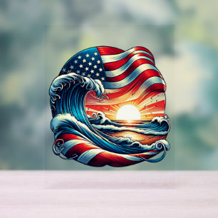 Señal Acrílica American USA Flag Beach Wave Sunset Patriotic Art