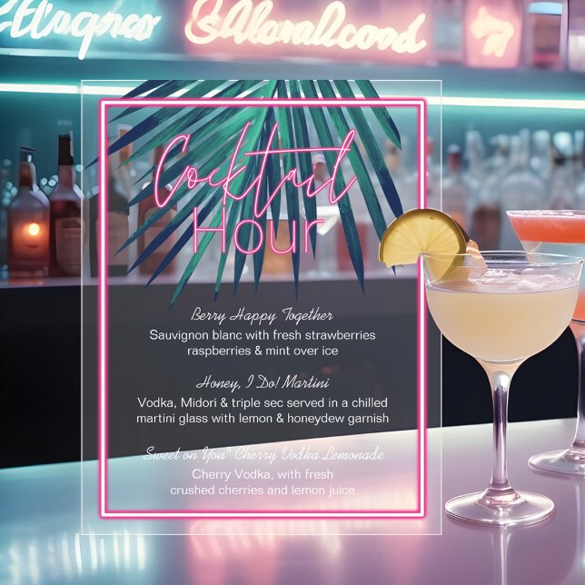 Señal Acrílica Amor eléctrico Neon Cocktail Trópico Rosa (Electric Love Neon Pink Tropical Retro Cocktail Acrylic Sign)