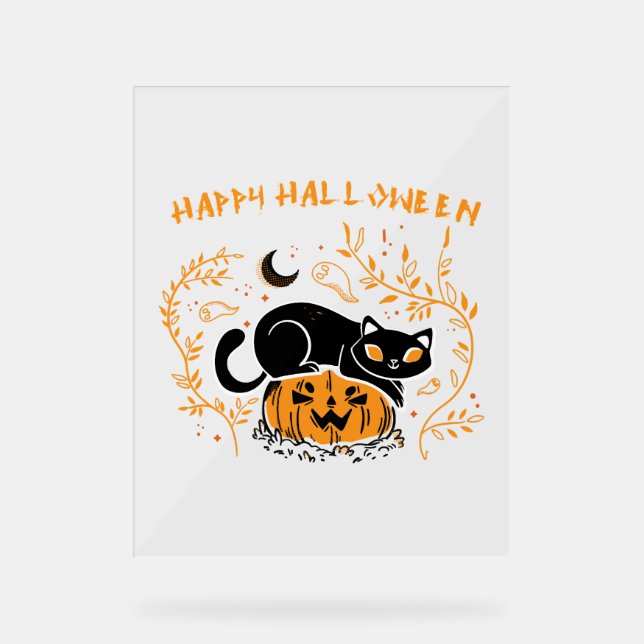 Señal Acrílica amor feliz del gato de halloween (Anverso)