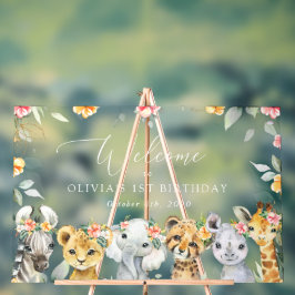 Señal Acrílica Animales de la jungla, flores, primera bienvenida