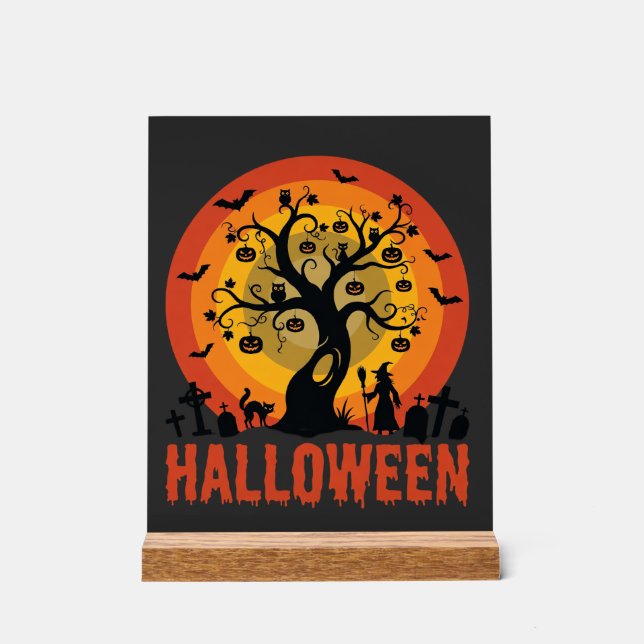 Señal Acrílica Árbol Embrujado de Halloween Bruja y Gatos Negros (Anverso)