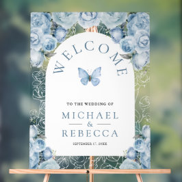 Señal Acrílica Arco de mariposa de boda floral azul de bienvenida
