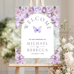 Señal Acrílica Arco de mariposa de boda floral púrpura de bienven