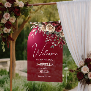Señal Acrílica Arco Elegante Rosas de Burdeos Bodas Bienvenida