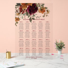Señal Acrílica Asiento de Boda floral Naranja quemado en Borgoña