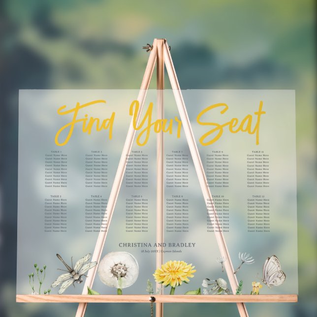 Señal Acrílica Asiento del Boda Dandelion Wildflower Frosted (Neutral )