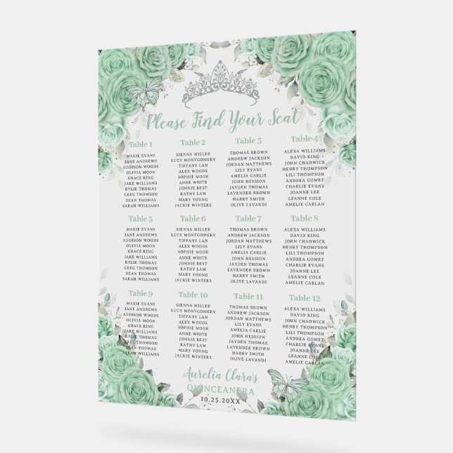 Señal Acrílica Asiento Quinceañera Mint Green Floral Silver (Ángulo)