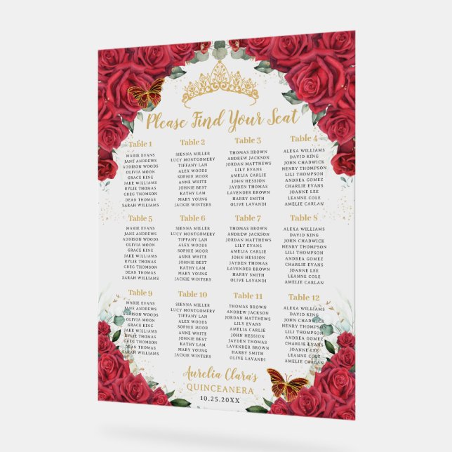 Señal Acrílica Asiento Quinceañera XV Roses Rojas Floral Gold (Ángulo)
