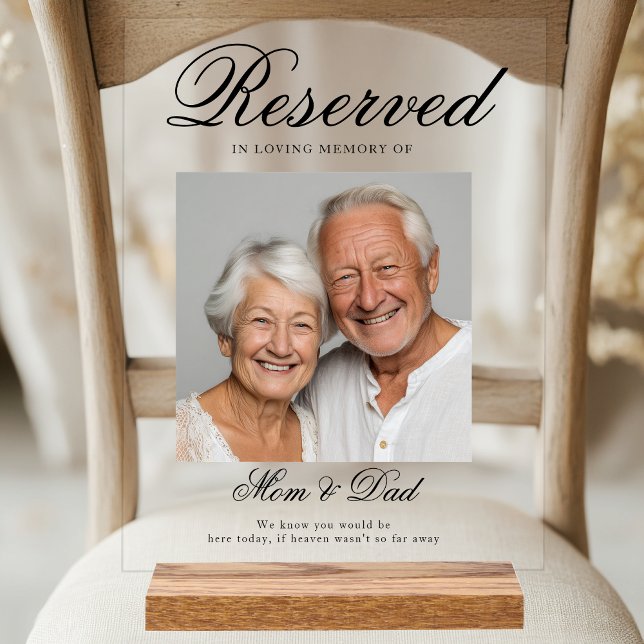 Señal Acrílica Asiento reservado - Boda de fotografía (Reserved Seat - Photo Memorial Wedding Acrylic Sign. Elegant Classic Handwriting Font.)