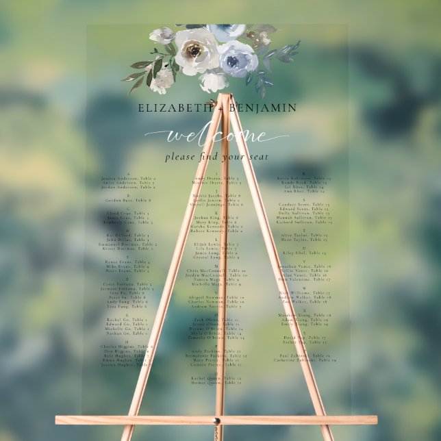 Señal Acrílica Asientos alfabéticos florales de Boda azul turbio (Neutral )