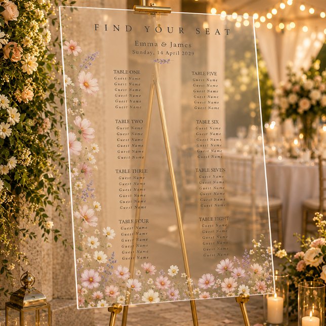 Señal Acrílica Asientos de Boda de Flores Silvestres Caprichosas (Whimsical Wildflowers Wedding Seating Acrylic Sign)