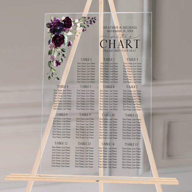 Señal Acrílica Asientos De Recepción Floral De Pluma Morada Mauve (Wedding Seating Chart!)