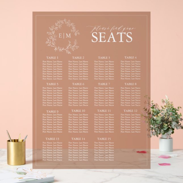 Señal Acrílica Asientos del Boda de Terracotta Leafy Escudo Monog (Boda)