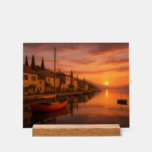 Señal Acrílica Atardecer dorado sobre pueblo costero
