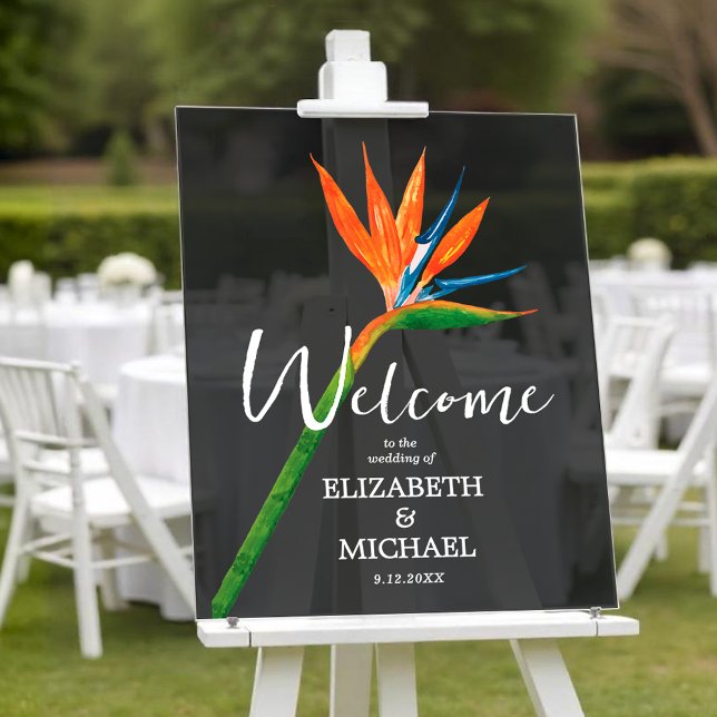 Señal Acrílica Ave tropical del Boda del Paraíso bienvenida fumad (Tropical bird of paradise wedding welcome smoky black transparent acrylic sign)