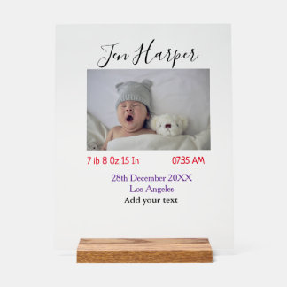 Señal Acrílica Baby birth stats add name place date keepsake memo