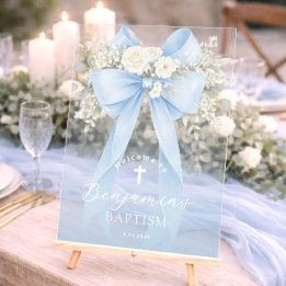 Señal Acrílica Baby Boy Baptism Elegant Blue Eucalyptus Bow