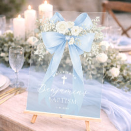 Señal Acrílica Baby Boy Baptism Elegant Blue Eucalyptus Bow