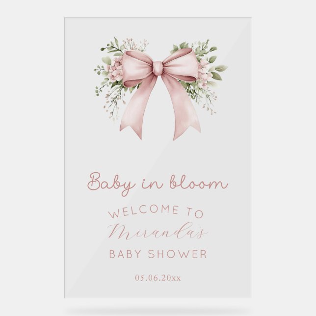 Señal Acrílica Baby In Bloom Pink Bow Chica Baby Shower (Anverso)