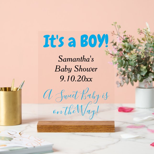 Señal Acrílica Baby Shower es un chico blanco azul claro (Boda)