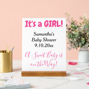 Señal Acrílica Baby Shower Es una Niña Blanco Rosa NOMBRE
