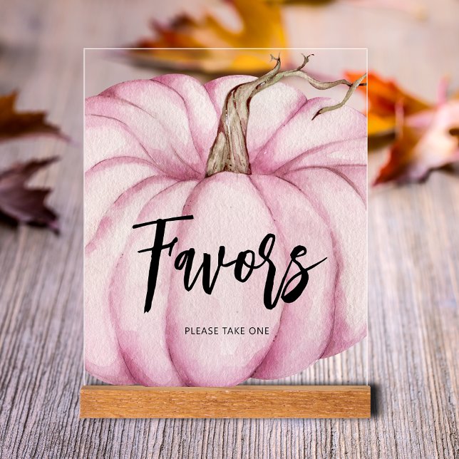Señal Acrílica Baby Shower Favoritos de calabaza rosa (Pink Pumpkin Girl Baby Shower Favors Clear Acrylic Tabletop Sign)