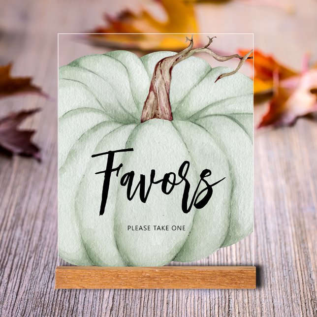 Señal Acrílica Baby Shower Favoritos de calabaza verde (Green Pumpkin Baby Shower Favors Clear Acrylic Tabletop Sign)