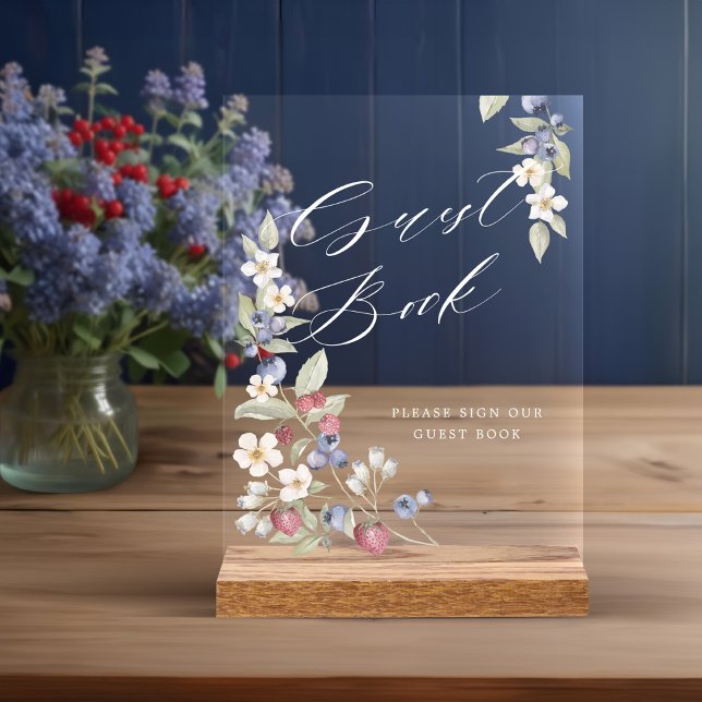 Señal Acrílica Baby Shower Guest Book Wild Berries & Flowers (Baby Shower Guest Book Wild Berries & Flowers Acrylic Sign)