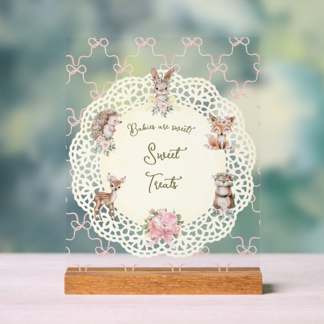Señal Acrílica Baby Shower Hand Drawn Coquette Ribbon Woodland (Neutral )