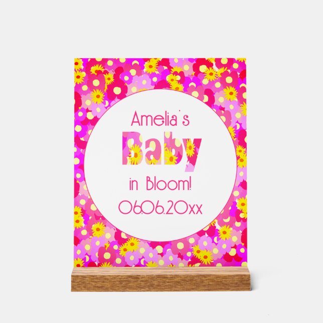 Señal Acrílica Baby Shower personalizado de flor rosa de bonito (Anverso)