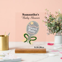 Señal Acrílica Baby Shower Silver Yellow Green Rattle