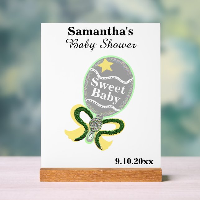 Señal Acrílica Baby Shower Silver Yellow Green Rattle (Neutral )