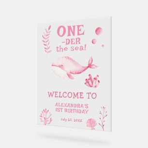 Señal Acrílica Ballena rosa cumpleaños número 1 bajo el mar