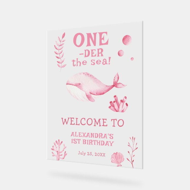 Señal Acrílica Ballena rosa cumpleaños número 1 bajo el mar (Ángulo)