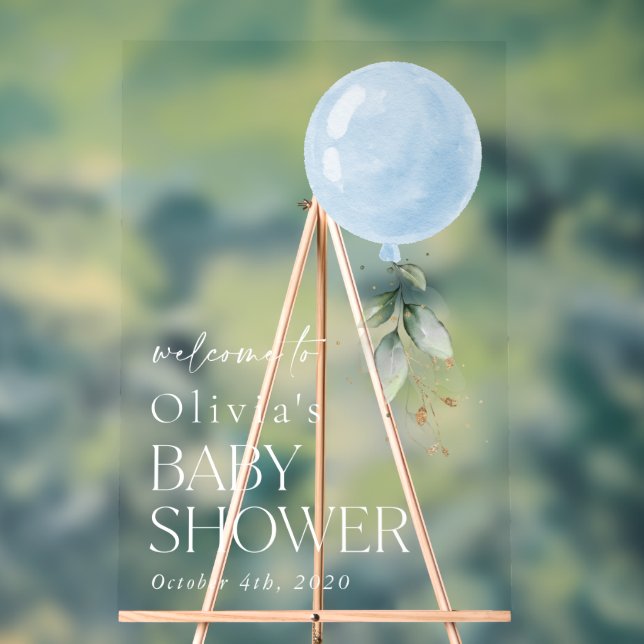 Señal Acrílica Balón azul, Eucalyptus, Bienvenida Baby Shower (Neutral )