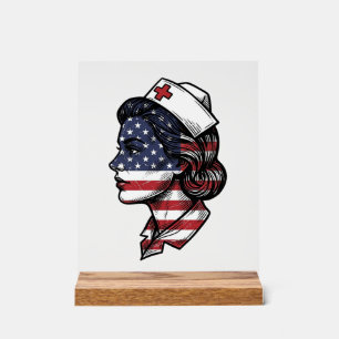 Señal Acrílica Bandera Americana Vintage Perfil de Enfermera Dise