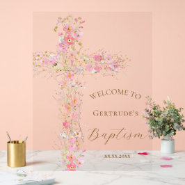 Señal Acrílica Baptism pink flowers cross welcome clear sign