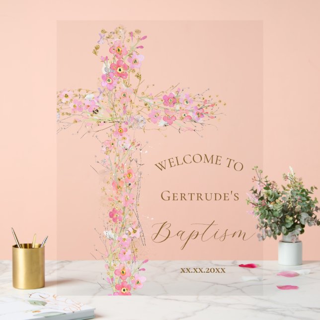 Señal Acrílica Baptism pink flowers cross welcome clear sign (Boda)