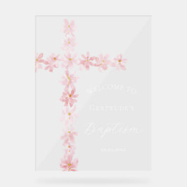 Señal Acrílica Baptism pink flowers cross welcome clear sign